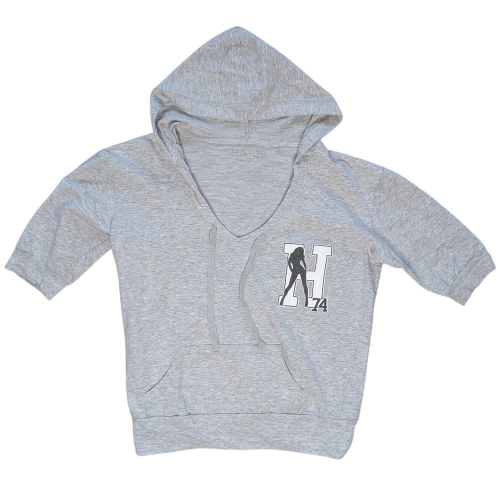 Vintage Y2K Hustler Gray V Neck Hoodie Short Sleeve Cropped Top